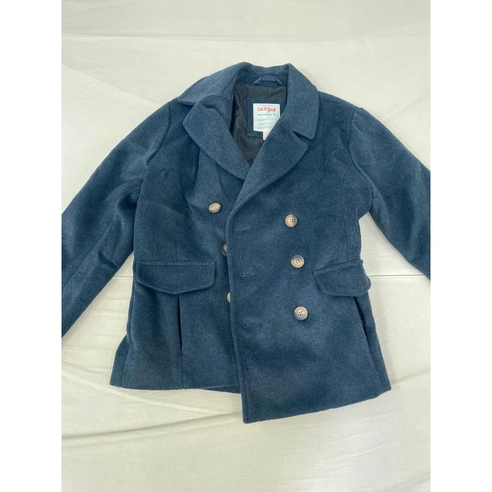 Cat & Jack Boys Navy Blue Double Breasted Pea Coat Jacket Size Large L 12-14